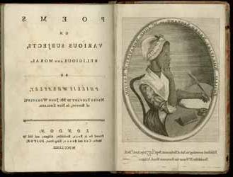 <p>Double-page spread of a book featuring a black and white illustration of a Black woman sitting at a desk, holding a quill to a piece of paper with one hand and holding the other hand to her chin as if thinking of what to write. She wears a white bonnet and a dress with a white collar. The other page shown in the image features black and white text.</p>